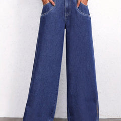 Double Pocket Detail Wide Leg Mopping Jeans Mid Rise Washed Patch