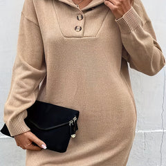 Plus Size Casual Sweater Dress Women's Plus Solid Half Button Turn Down Collar