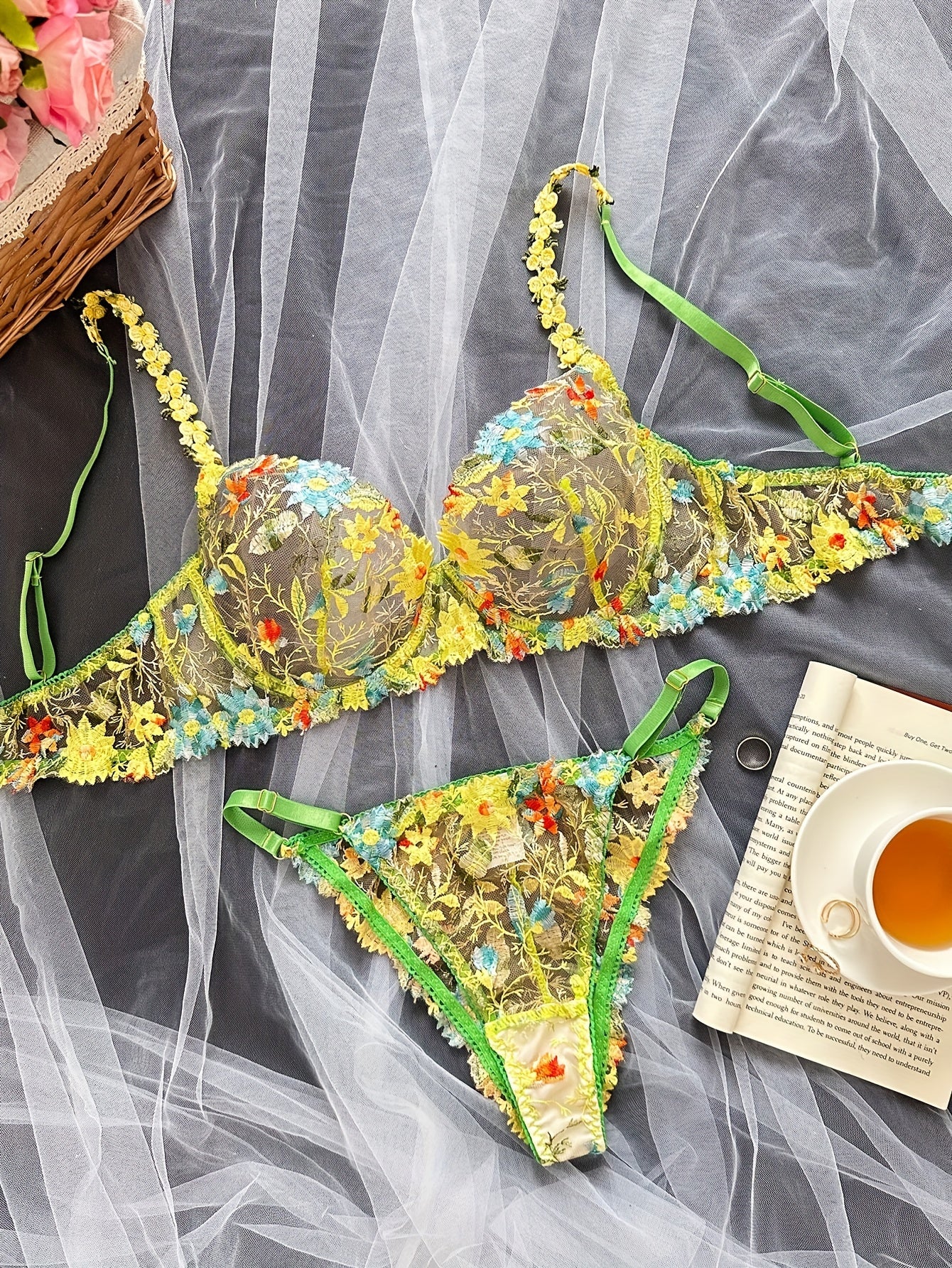 Floral Embroidery Lingerie Set Mesh Unlined Bra & Sheer Panties