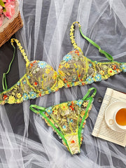 Floral Embroidery Lingerie Set Mesh Unlined Bra & Sheer Panties