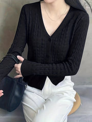Solid V Neck Button Up Cardigan for Women