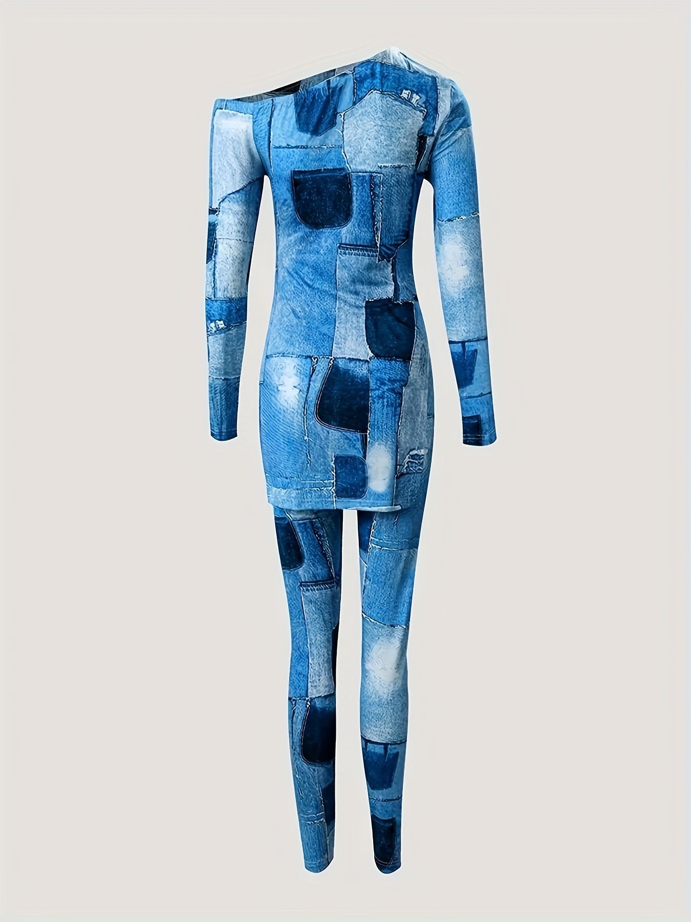 Patchwork Print 2pc Set Asymmetrical Neck Long Sleeve Top & Skinny Pants
