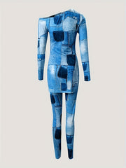 Patchwork Print 2pc Set Asymmetrical Neck Long Sleeve Top & Skinny Pants