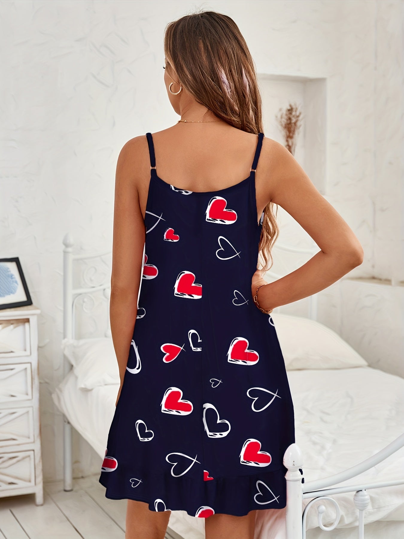 Heart Print Cami Pajama Dress Spaghetti Strap Nightdress Women's Sleepwear