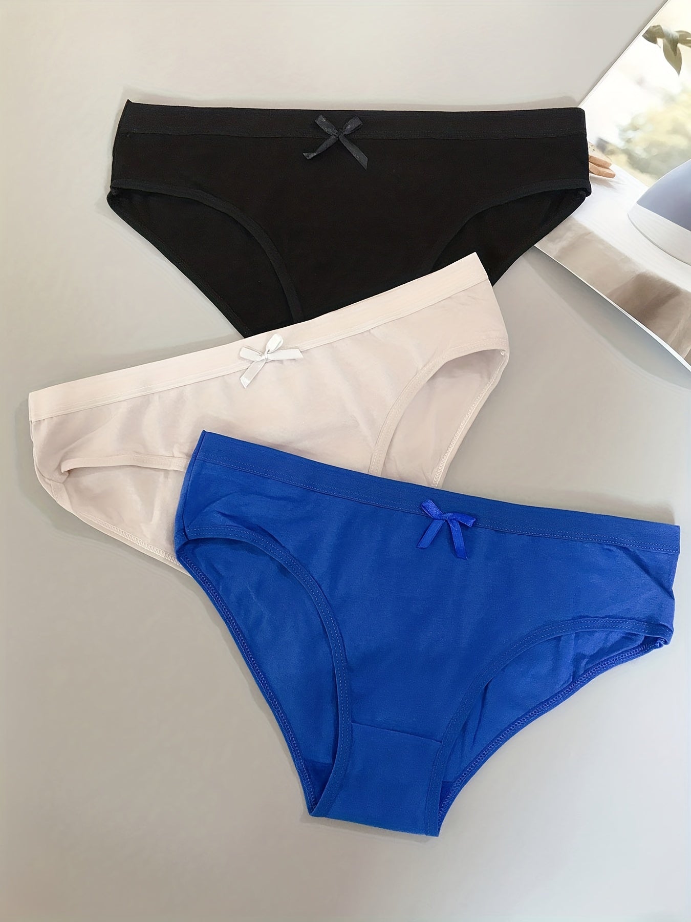 3pcs Solid Bow Tie Briefs Panties Women's Lingerie