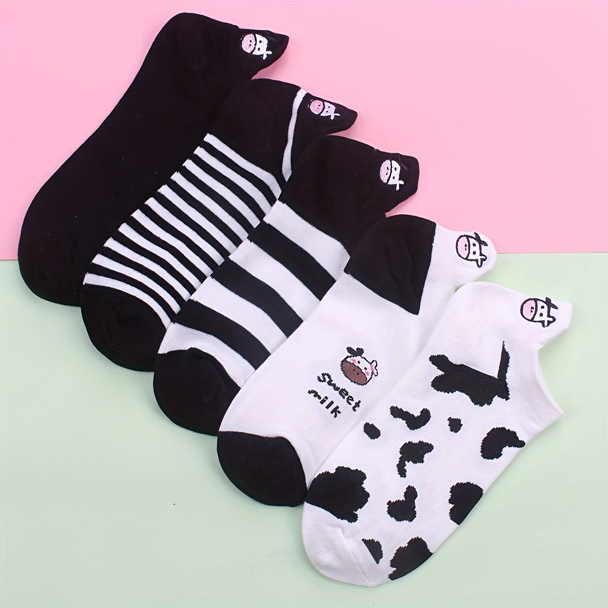 5 Pairs Women's Cow Print & Ankle Socks Set