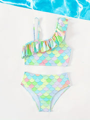 Girl's Mermaid Fish Scale Swimsuit Bikini Set Ruffle Decor Cami Top & Briefs