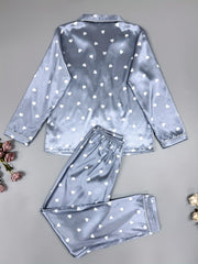 Heart Print Pajama Set Long Sleeve Top & Pants Women's Sleepwear