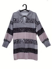 Colorblock Lantern Sleeve Collar Stretch Dress