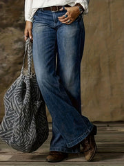 Solid Flared Leg Jeans High Rise Button Fly Pockets