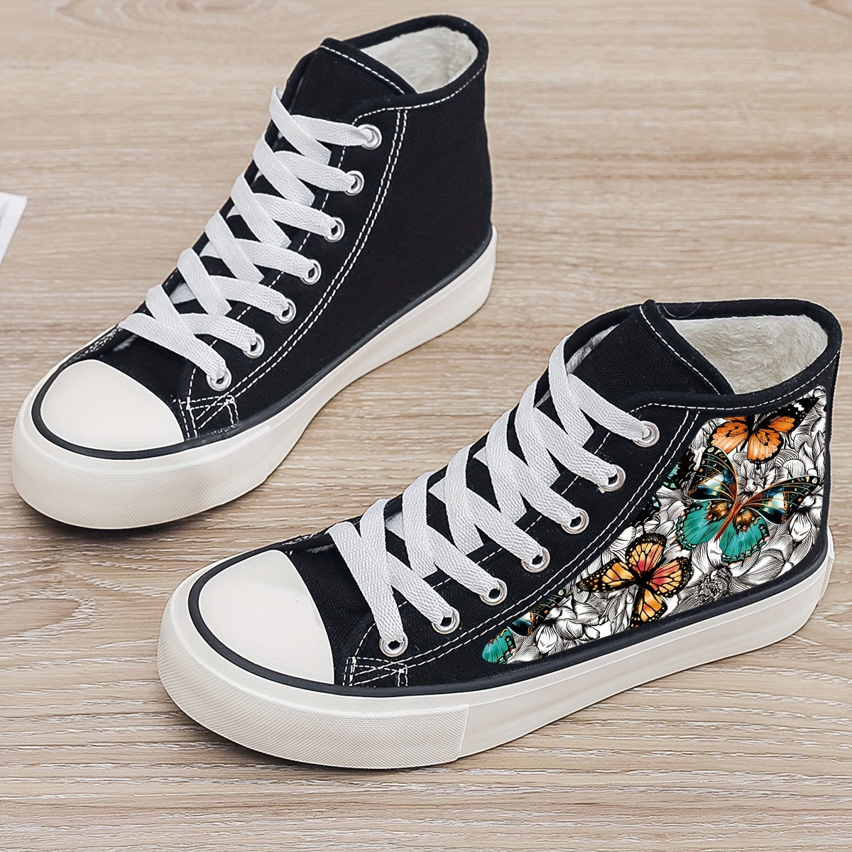 Butterfly Print Plush Lined Chunky Canvas Sneakers