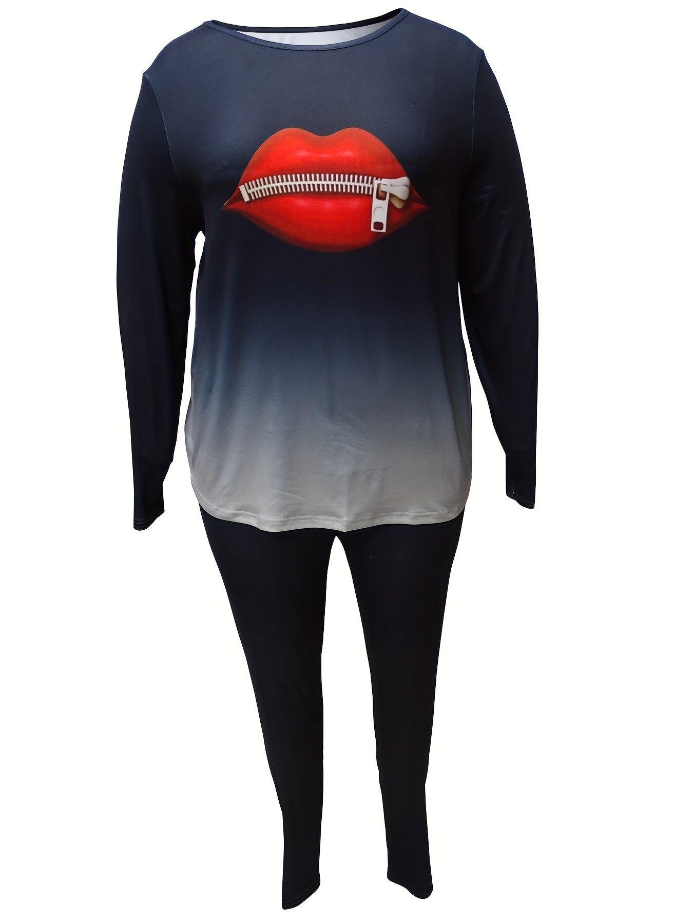 Women's Plus Ombre & Lip Print Top & Leggings Set