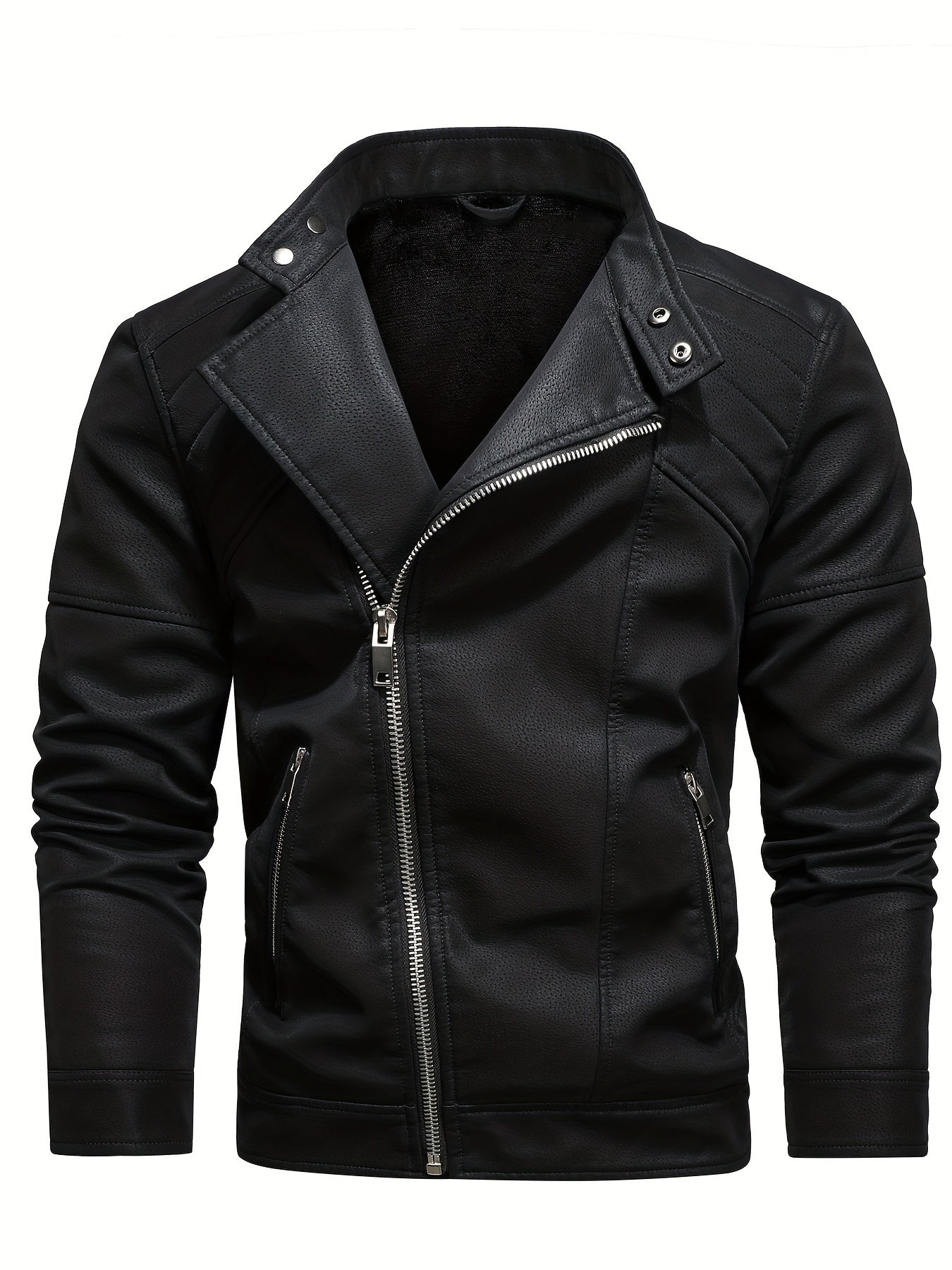 Men's PU Leather Fleece Winter Jacket with Diagonal Zipper
