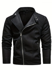 Men's PU Leather Fleece Winter Jacket with Diagonal Zipper