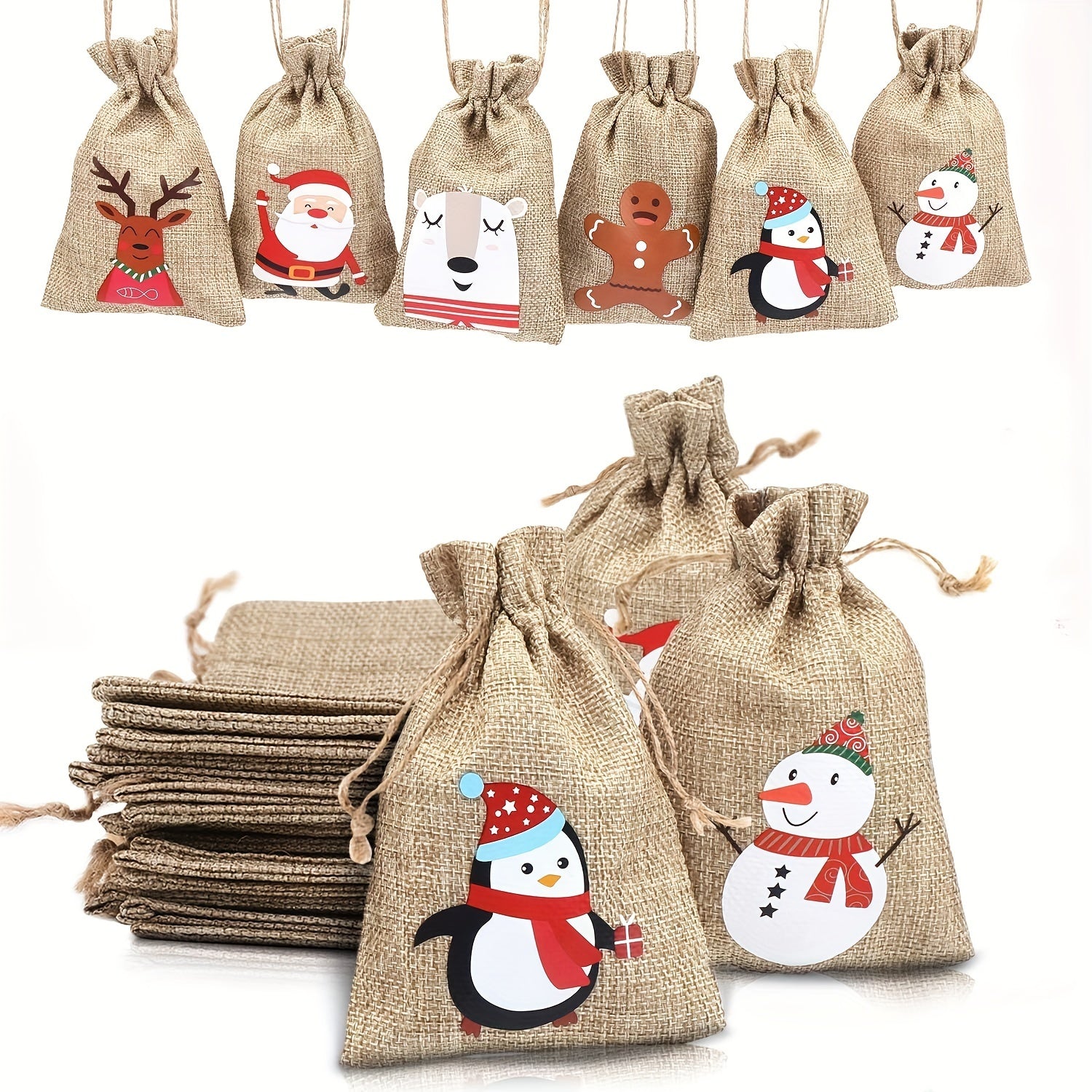 6pcs Xmas Jute Linen Drawstring Gift Bags for Favors Navidad