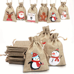 6pcs Xmas Jute Linen Drawstring Gift Bags for Favors Navidad