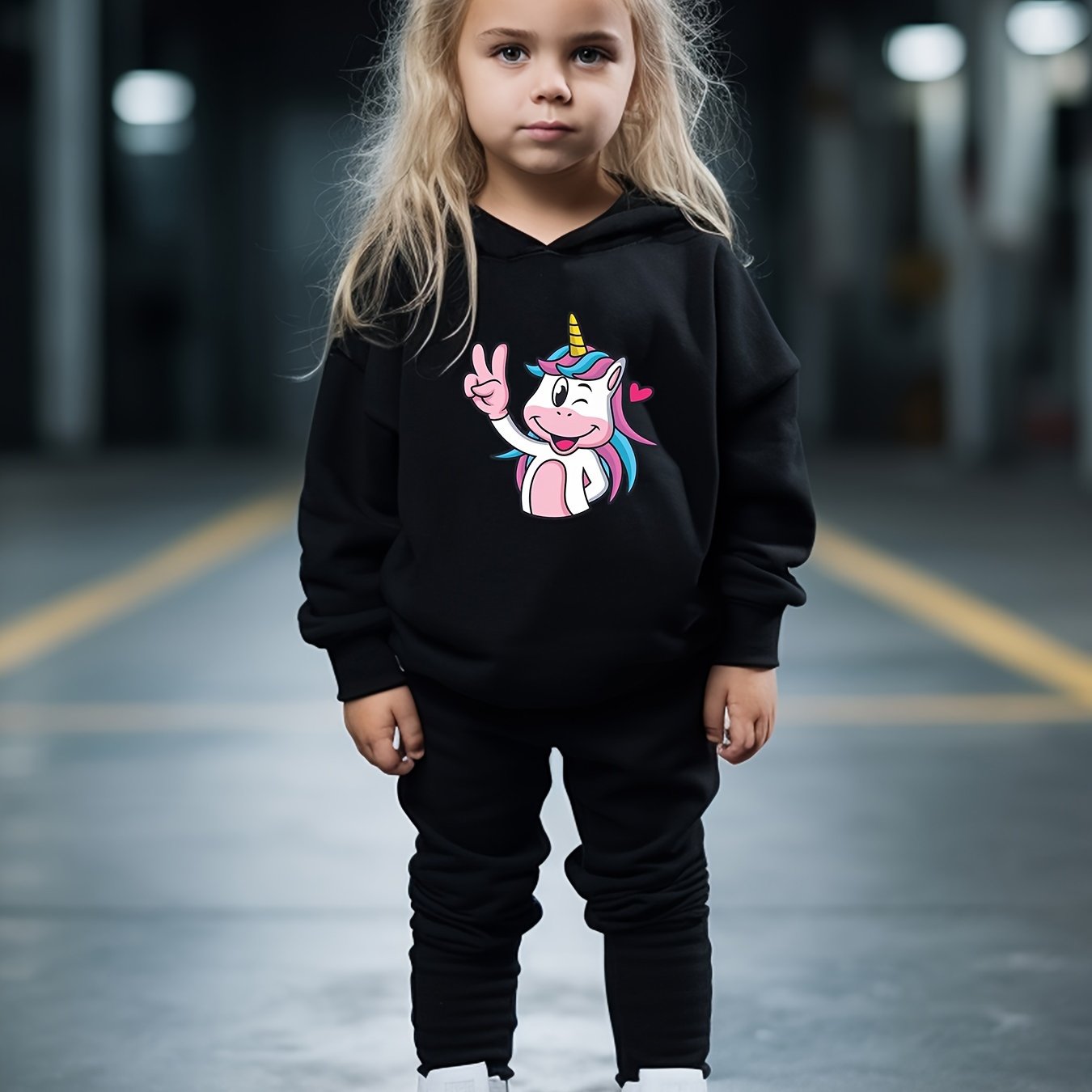 Cartoon Unicorn Hooded Pullover Pants Set For Sports Spring Fall