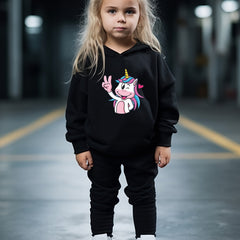 Cartoon Unicorn Hooded Pullover Pants Set For Sports Spring Fall