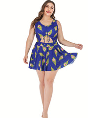 Feather Print Knot Cut Out Round Neck One Piece Swimsuit