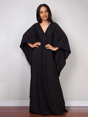 Solid Batwing Sleeve V Neck Beach Kaftan Cover Up