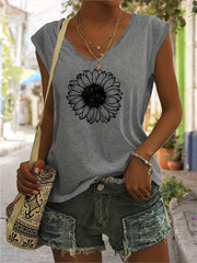 Sunflower Print V Neck Tank Top Women's Clothing
