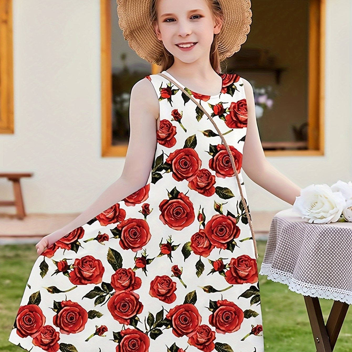 Girls Flower Graphic Sleeveless Dress for Summer Party