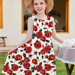 Girls Flower Graphic Sleeveless Dress for Summer Party