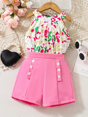 Girls' Leopard Halter Top & Button Shorts Set for Party Beach Vacation