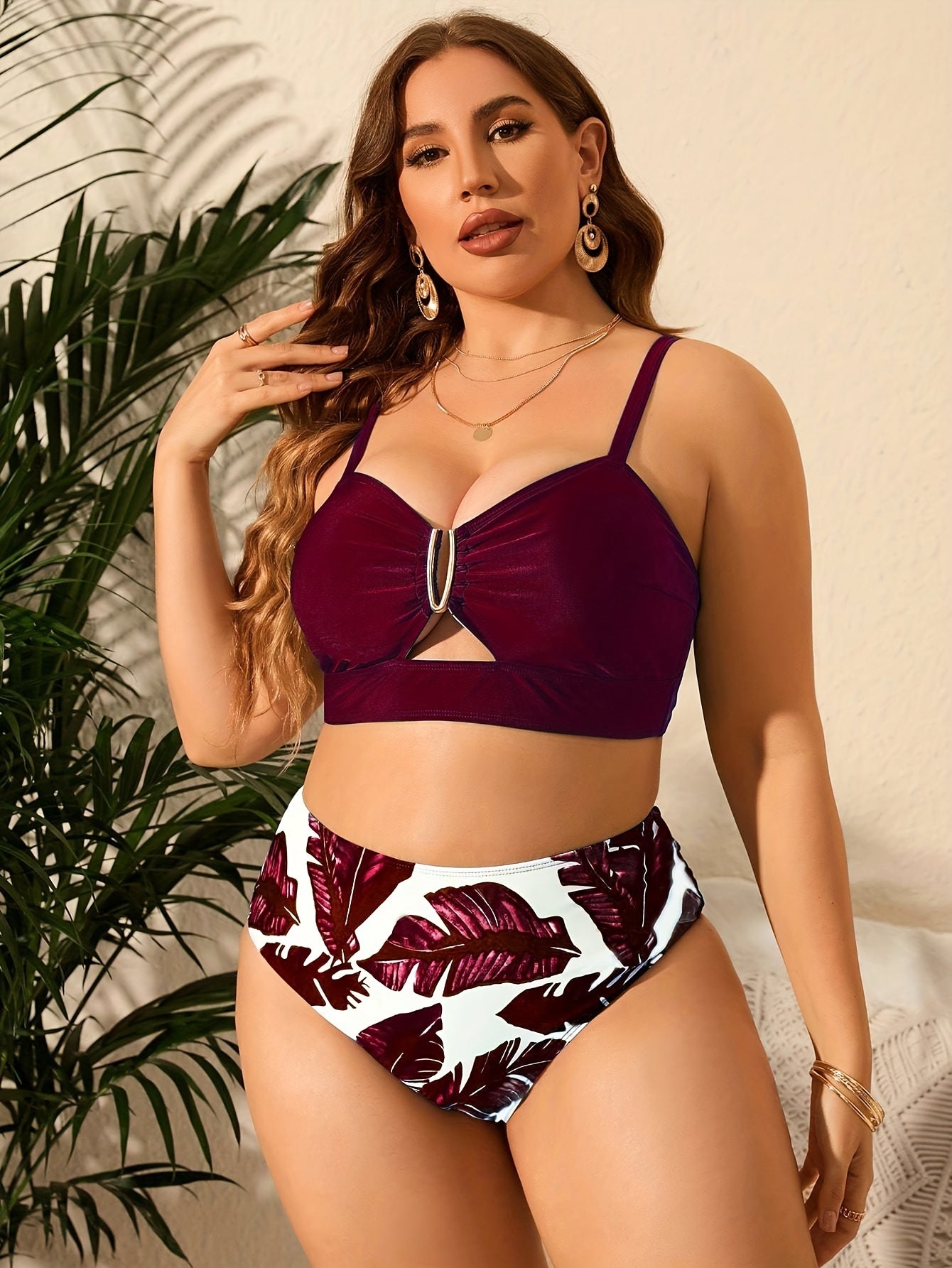 Sexy Bikini Set Women's V Wired Cut Out Bra & Tropical Panty Swimsuit