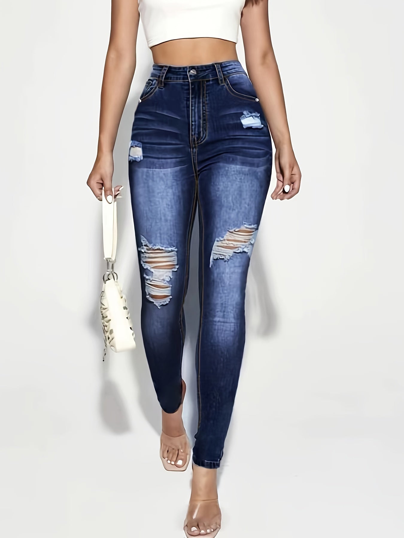 High Rise Ripped Thigh Skinny Jeans Dark Denim Pants