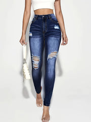 High Rise Ripped Thigh Skinny Jeans Dark Denim Pants