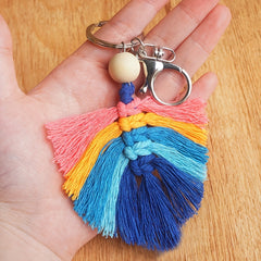 Hand Woven Keychain Wooden Bead Rainbow Tassel Pendant Holiday Gift