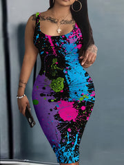 Casual Tank Dress Women's Plus Splash Print Scoop Neck Bodycon Dress