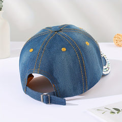 Rhinestone LOVE Patch Baseball Cap Denim Distressed Dad Hat