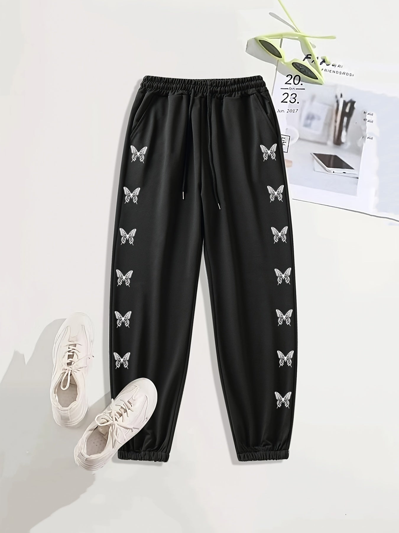 Monogram Butterfly Print Casual Sports Pants with Drawstring