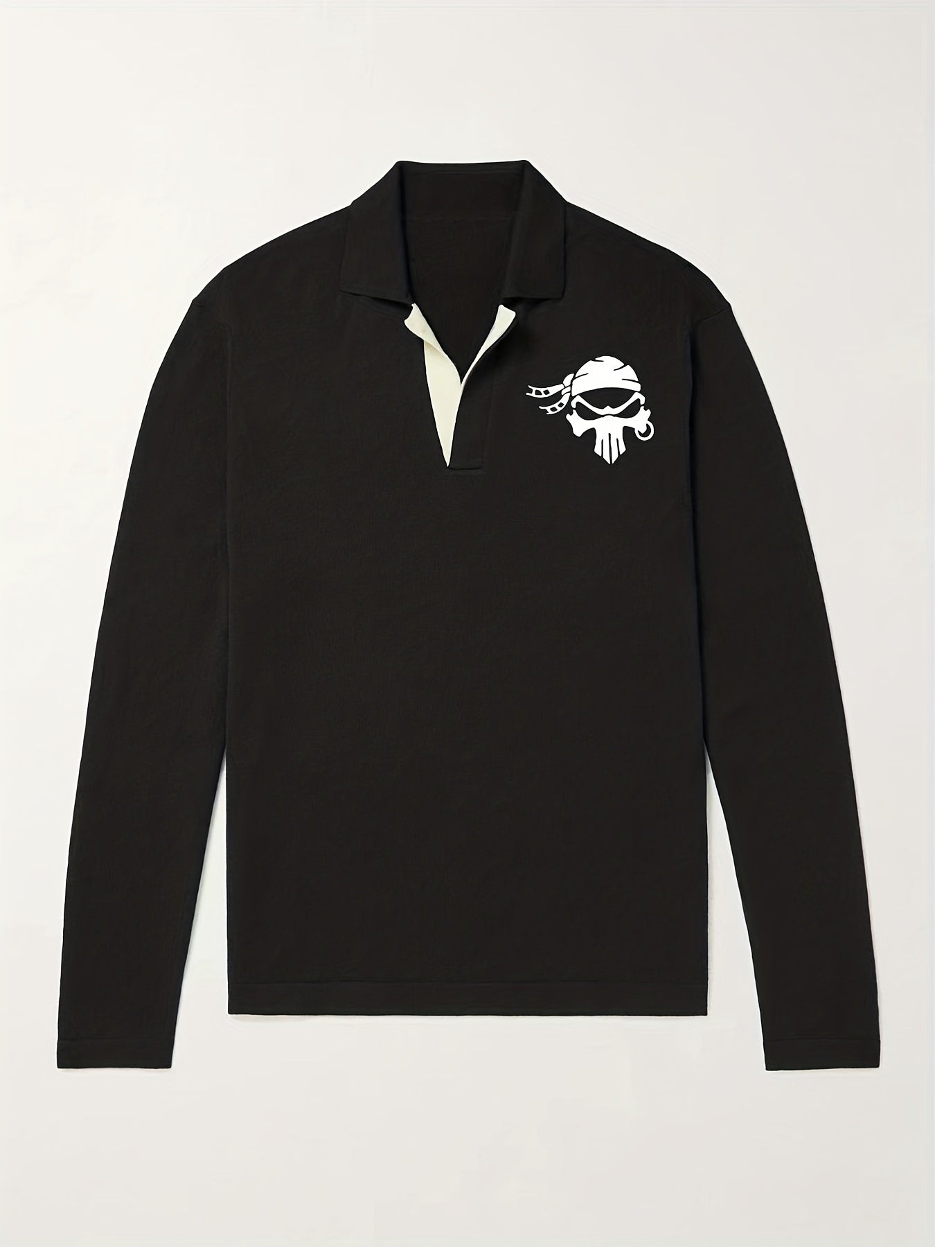 Skull Pattern Knit Polo Shirt Men's Casual V Neck Sweater