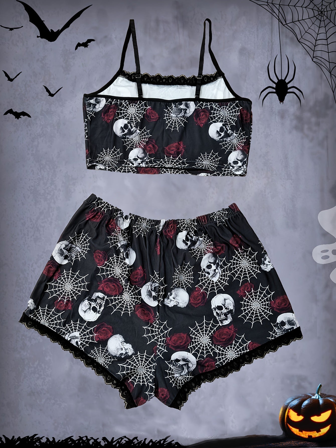 Skull Print Pajama Set with Lace Trim
