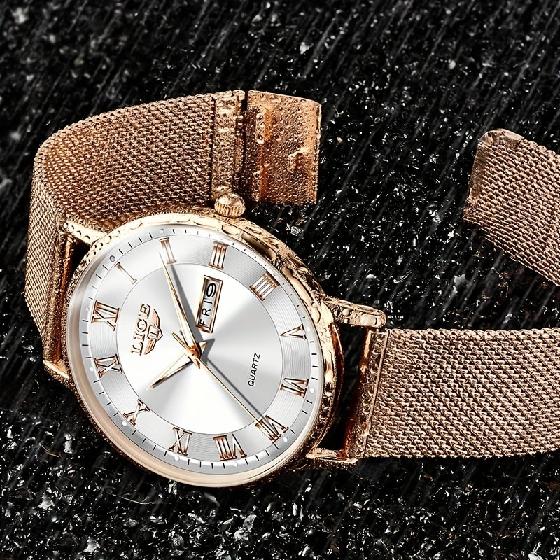 LIGE Rose Gold Ladies Watch Stainless Steel Mesh Bracelet Waterproof Quartz