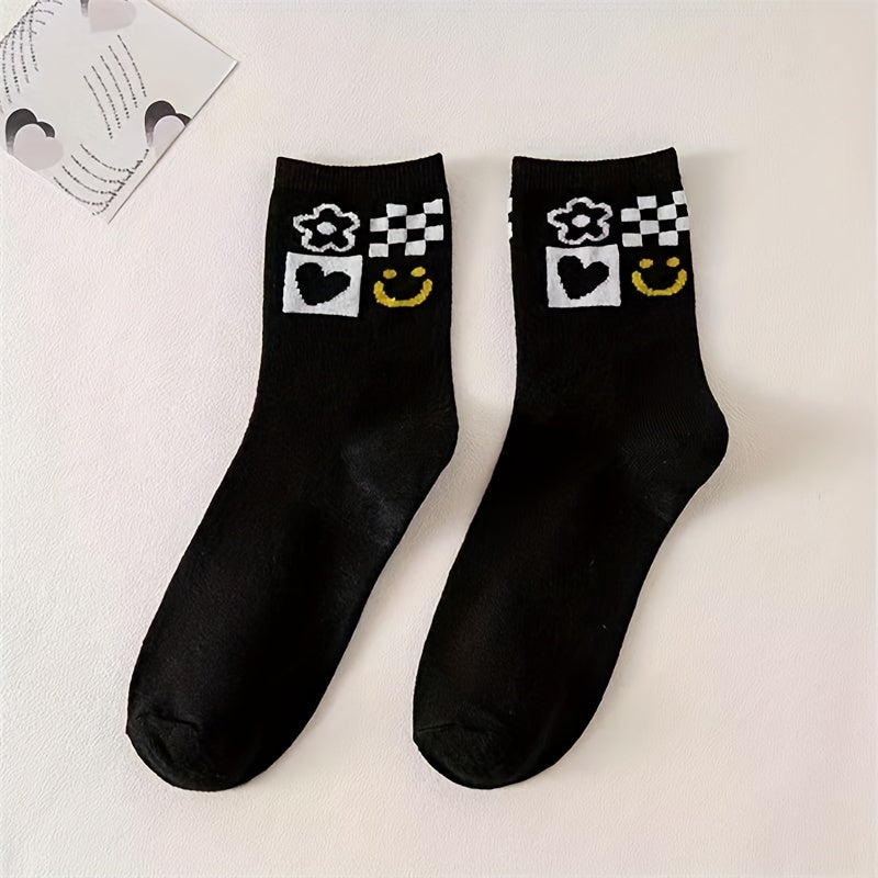 5 Pairs Heart Print Socks Women's Mid Tube Stockings