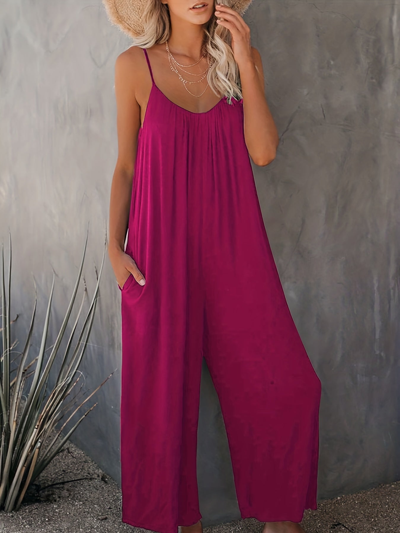Solid Spaghetti Wide Leg Jumpsuit Casual Backless Sleeveless Jumpsuit