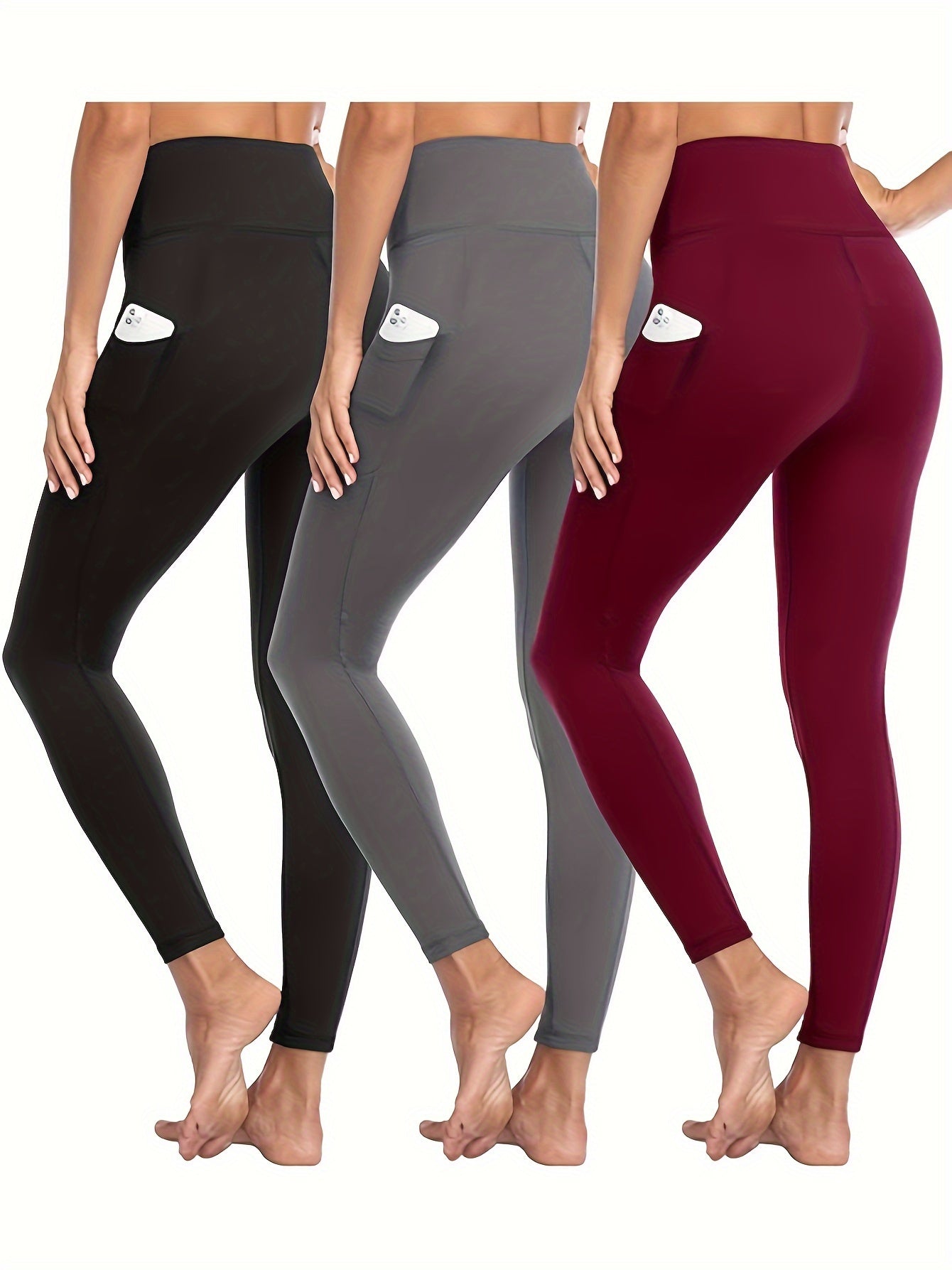 3pcs Women's Leggings with Pockets High Waisted Tummy Control