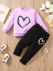 Toddler Girl's Heart Print 2pcs Sweatshirt & Sweatpants Set, Casual Outfits