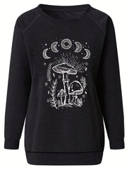 Mushroom Print Sweatshirt Crew Neck Pullover Casual Tops