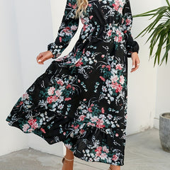 Floral Print Crew Neck Dress Long Sleeve for Spring & Fall