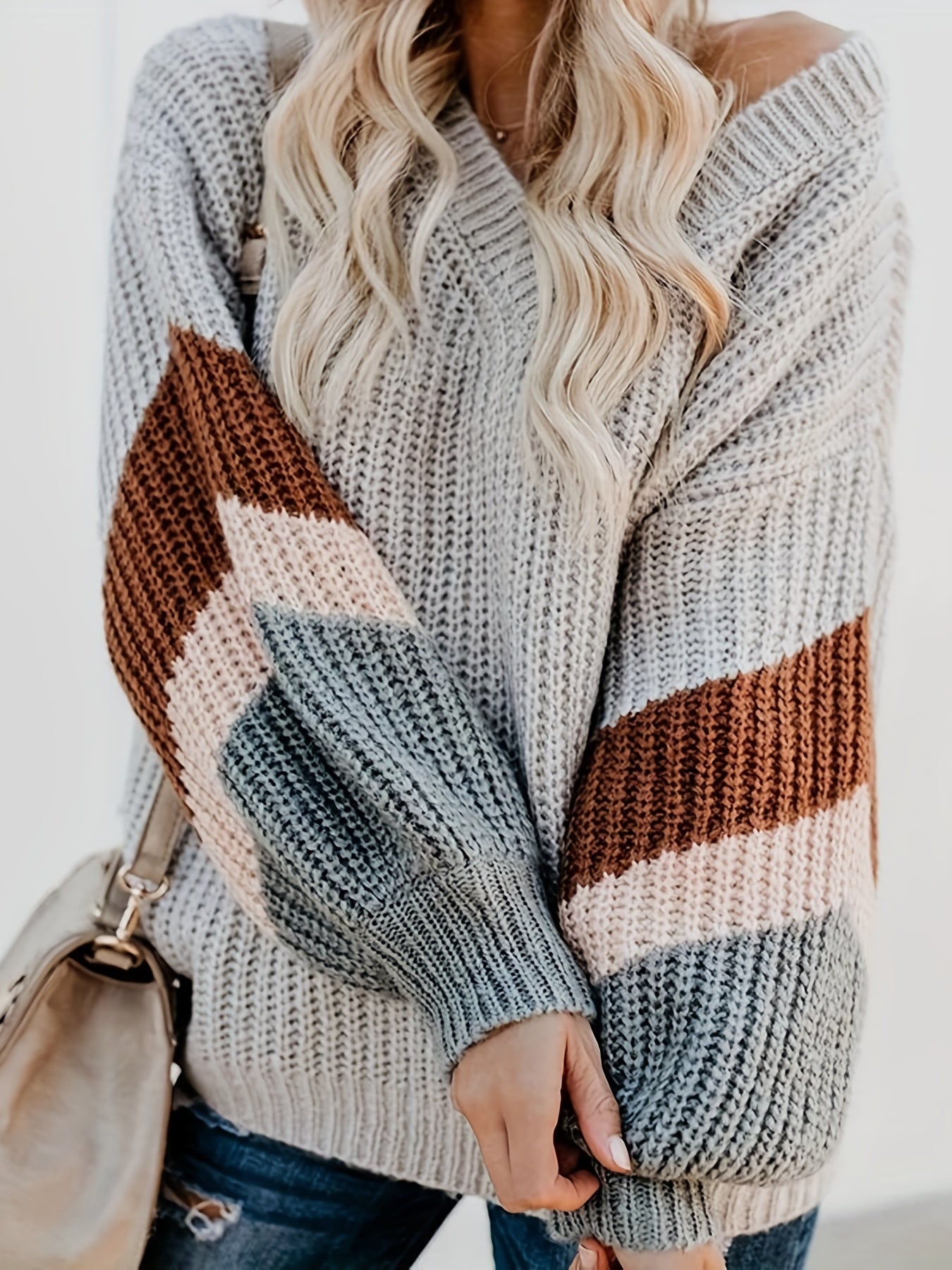 Striped Lantern Sleeve V Neck Sweater
