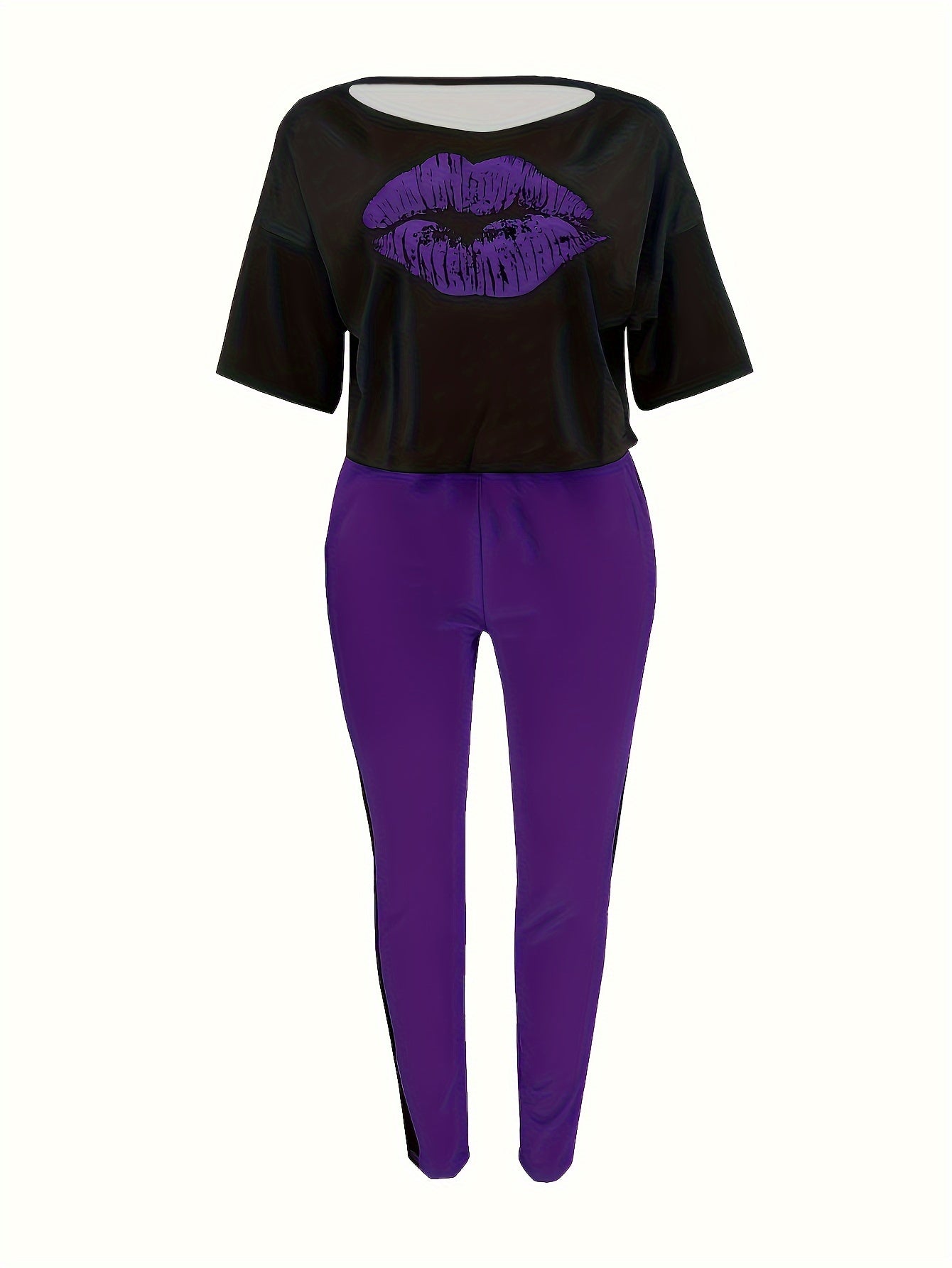 Women's Plus Lip Print Tee & Colorblock Pants Outfits Two Piece Set