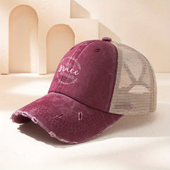 Ponytail Ripped Trucker Hat Letter Print Distressed Baseball Cap