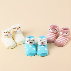 3 Pairs Baby Girls Cartoon Animal Non Slip Floor Socks