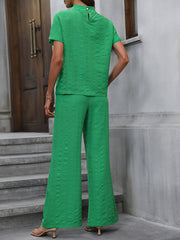 Casual Two-piece Set Crew Neck Short Sleeve Tops & Wide Leg Long Pants Outfit