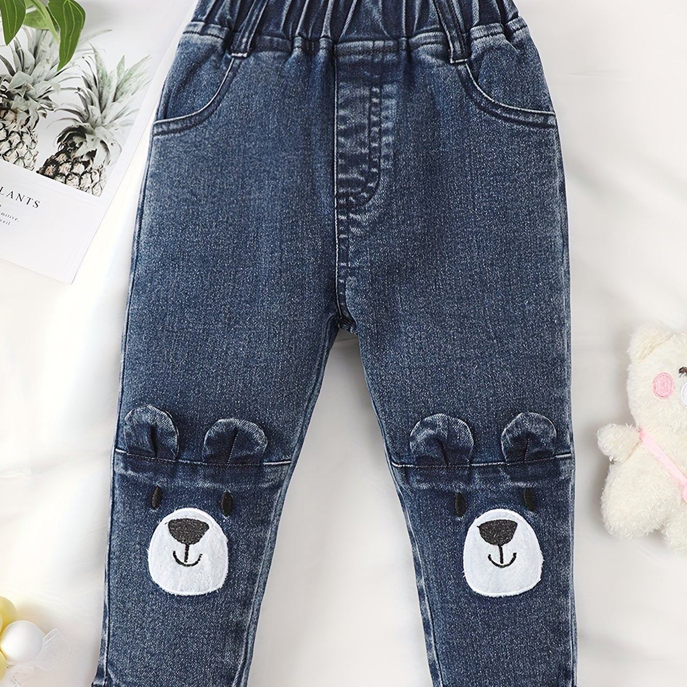 Baby Girls Cartoon Embroidery Elastic Waist Jeans Denim Pants